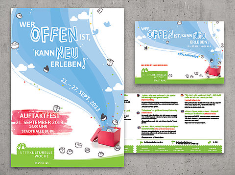 Broschüren: Mehrsprachige Veranstaltungsbroschüre und Plakate für das Büro zur Förderung von Demokratie und Vielfalt in Burg / 2013
