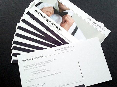 Mailings: Einladungskarte-Geschäftseröffnung für das Herrenbekleidungsgeschäft „Männersachen“, Magdeburg  / 2013